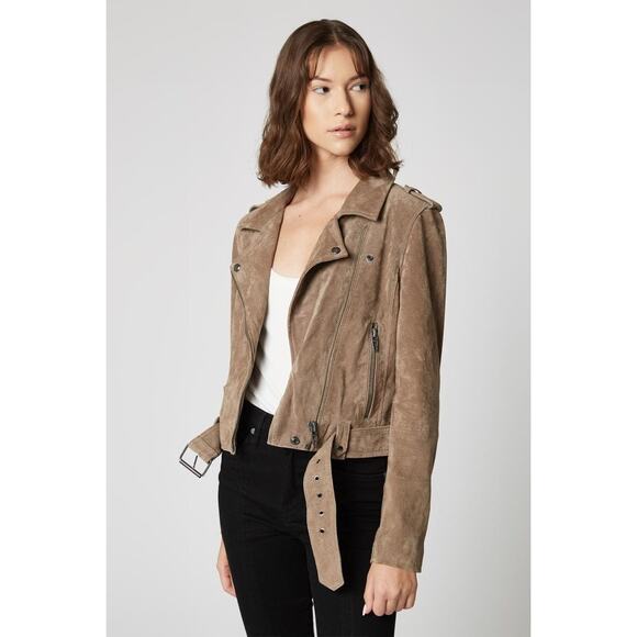 Blank NYC French Taupe Cropped Suede Moto Jacket Size M Belted Leather - Picture 2 of 10